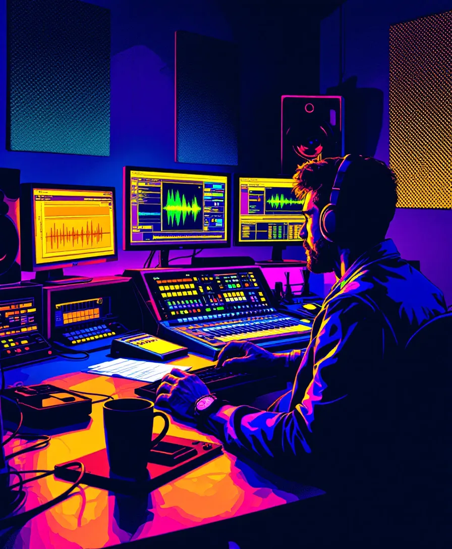 Two Fennow editors working a warm-lit podcast control desk