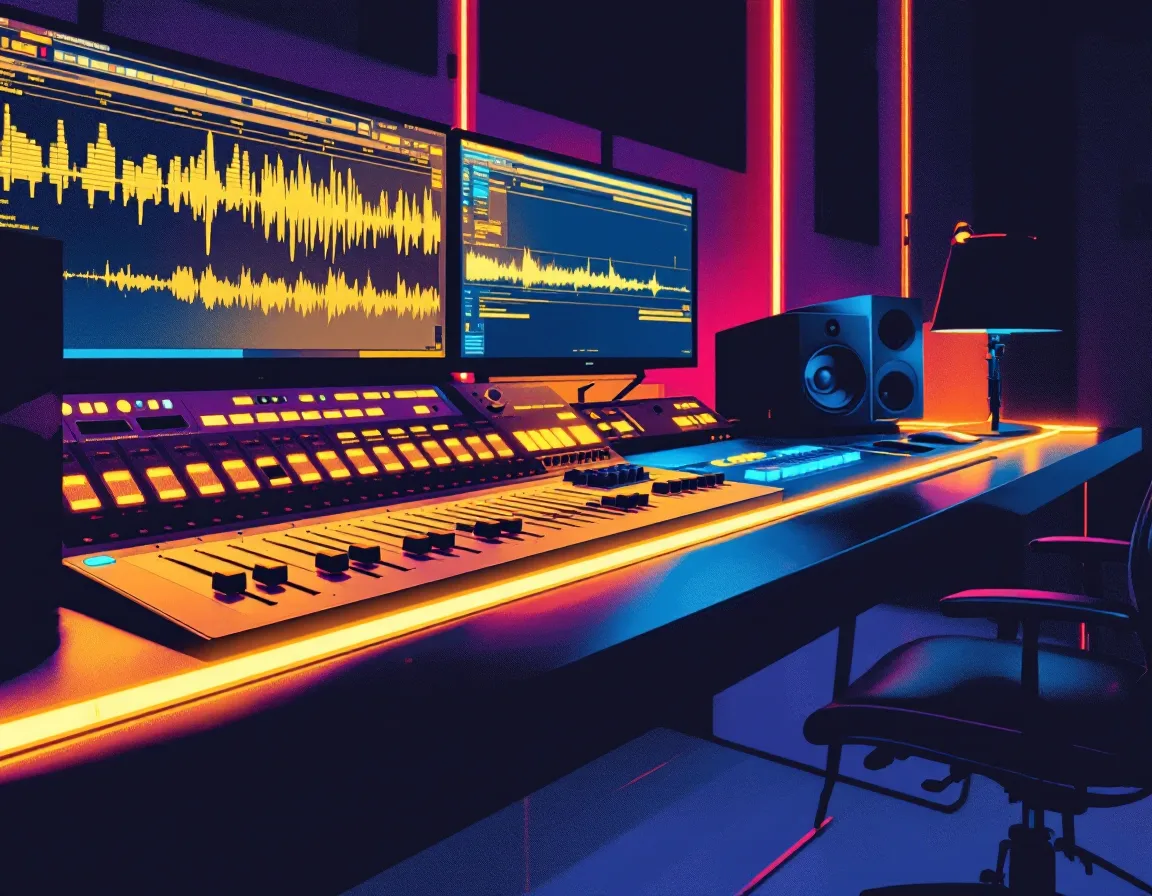 Podcast control desk with mixing faders and waveform monitors